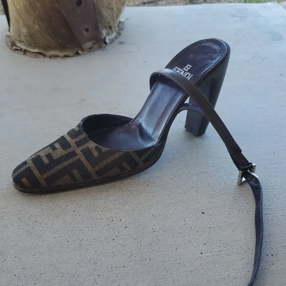 Fendi FF Monogram Slingback Mule Heels – Size 6.5M    A classic Fendi silhouette